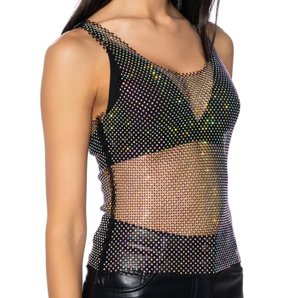AKIRA Black Iridescent Sleeveless Rhinestone Mesh Blouse for women party club